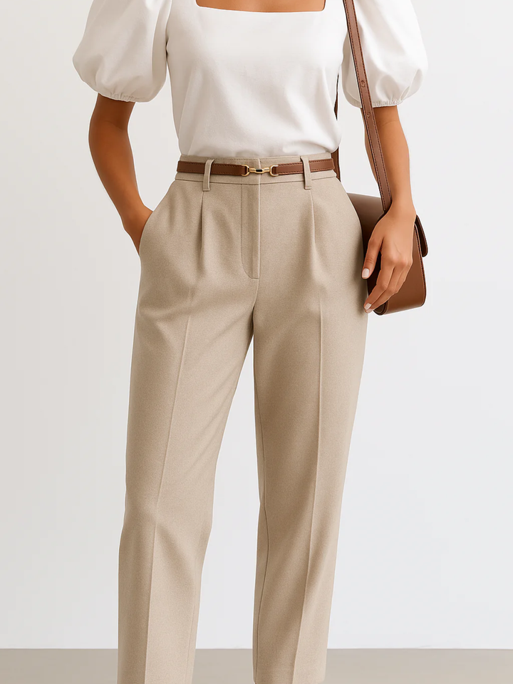 High-Waist Wide Leg Trousers for Women – Tailored Polyester Workwear with Belt