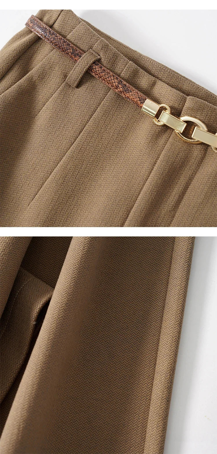High-Waist Wide Leg Trousers for Women – Tailored Polyester Workwear with Belt