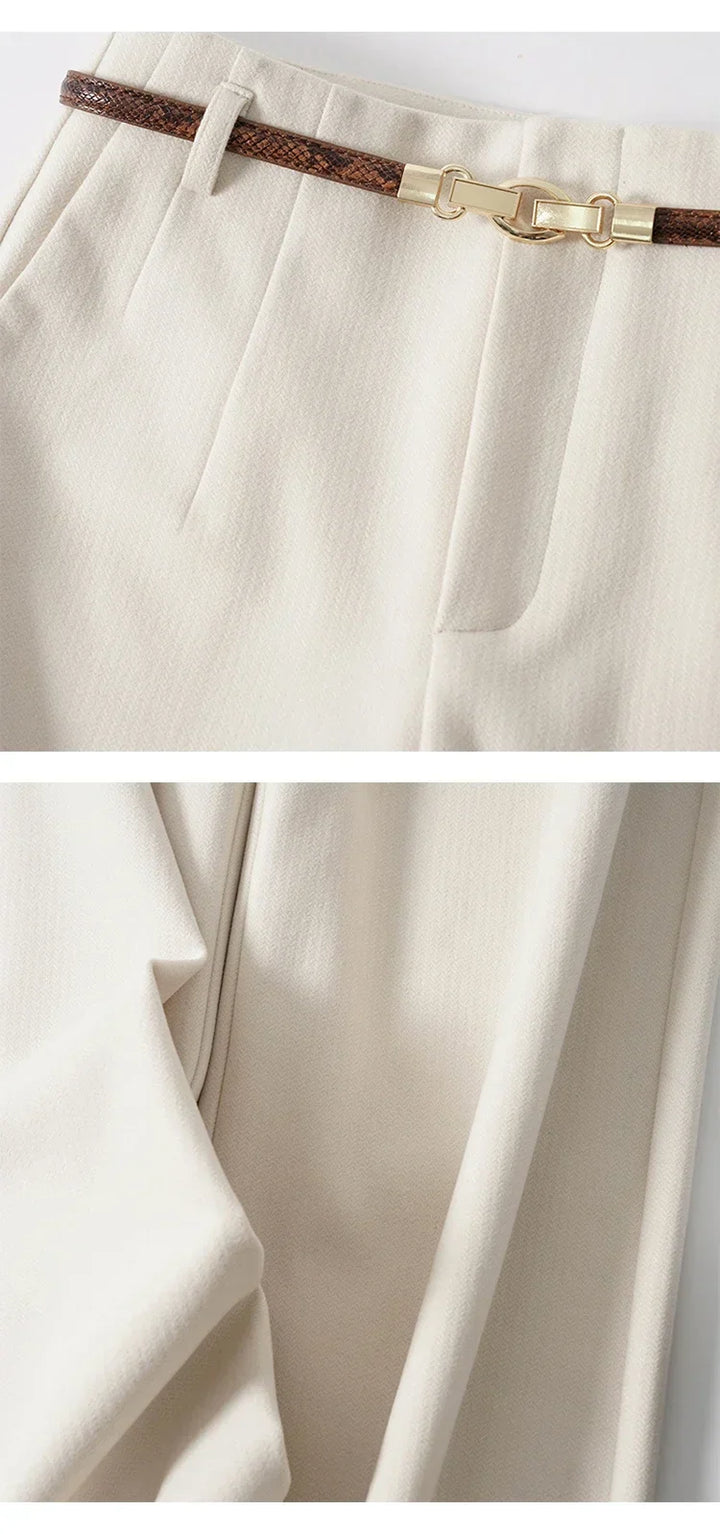 High-Waist Wide Leg Trousers for Women – Tailored Polyester Workwear with Belt
