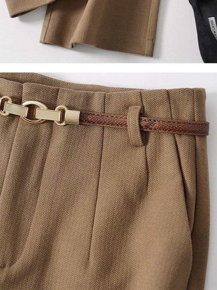 High-Waist Wide Leg Trousers for Women – Tailored Polyester Workwear with Belt