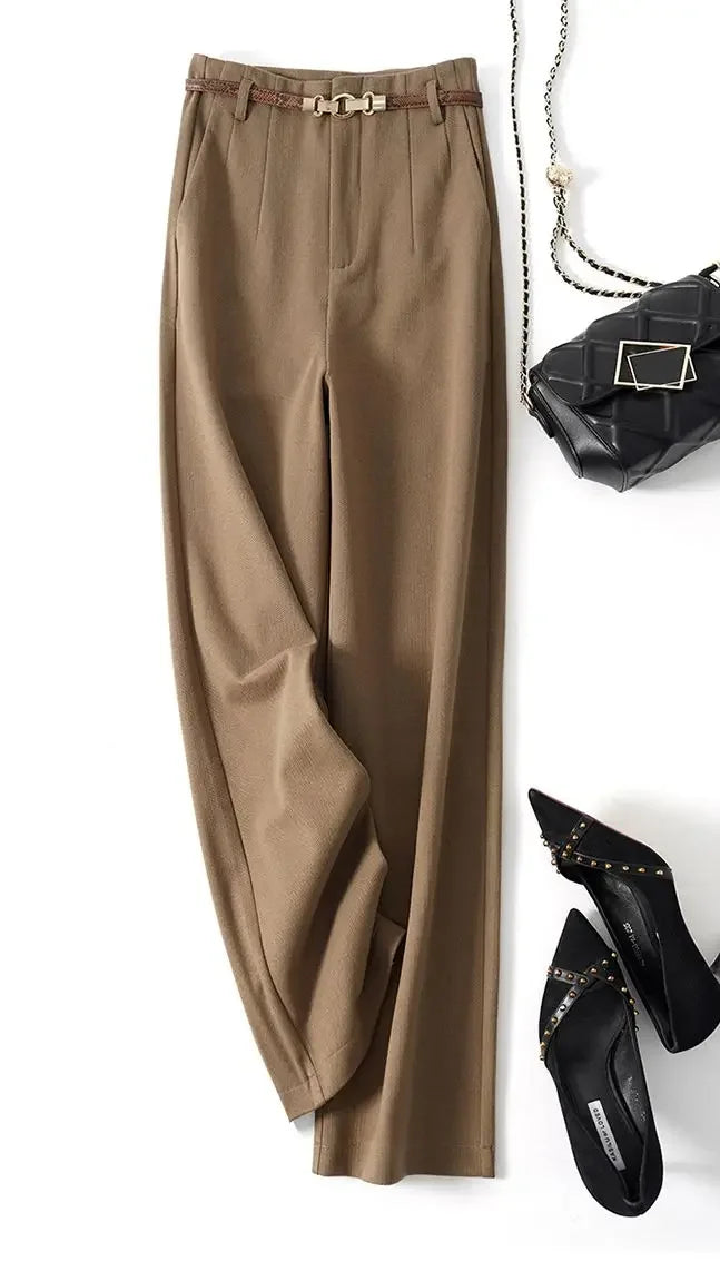 High-Waist Wide Leg Trousers for Women – Tailored Polyester Workwear with Belt