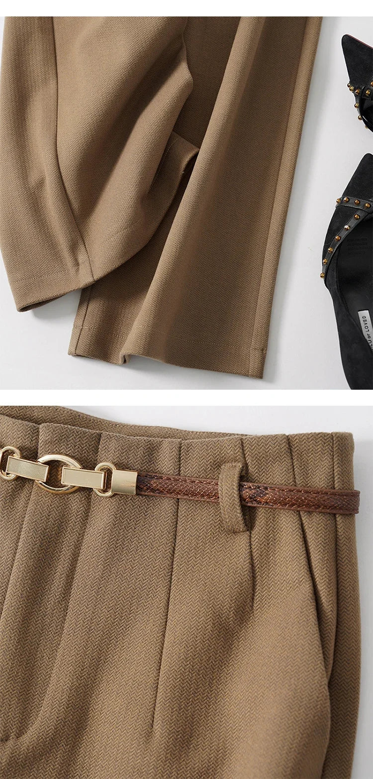 High-Waist Wide Leg Trousers for Women – Tailored Polyester Workwear with Belt