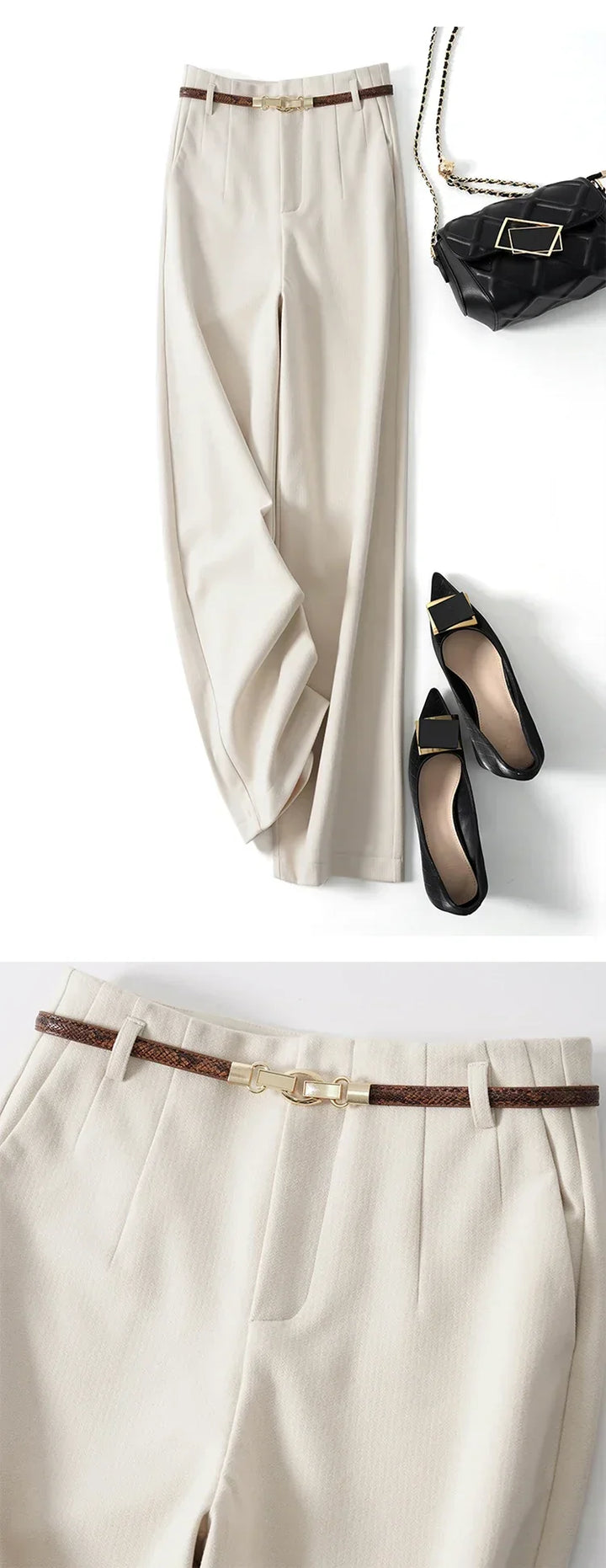 High-Waist Wide Leg Trousers for Women – Tailored Polyester Workwear with Belt