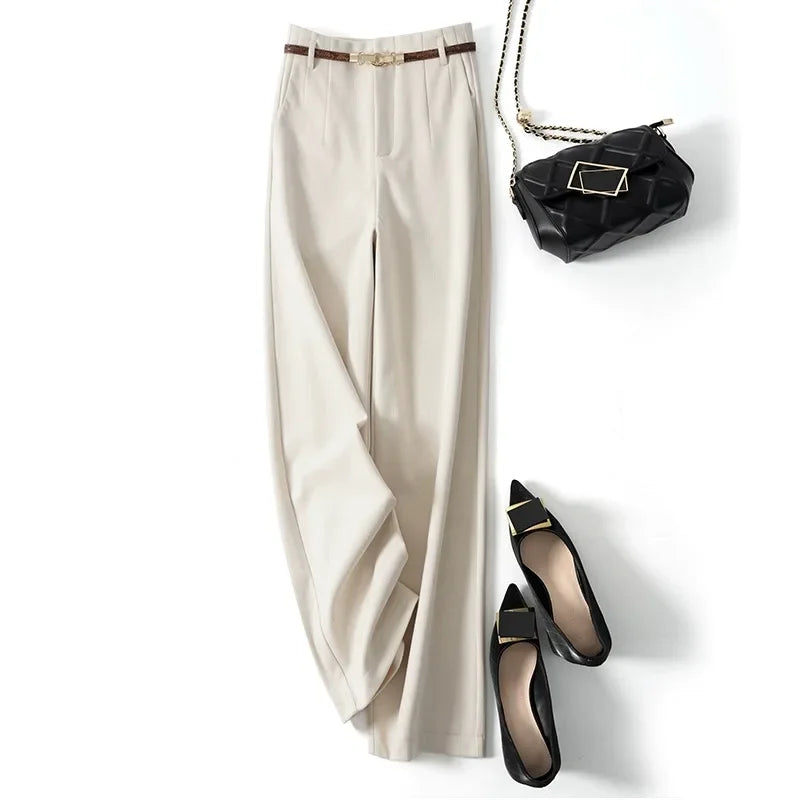 High-Waist Wide Leg Trousers for Women – Tailored Polyester Workwear with Belt