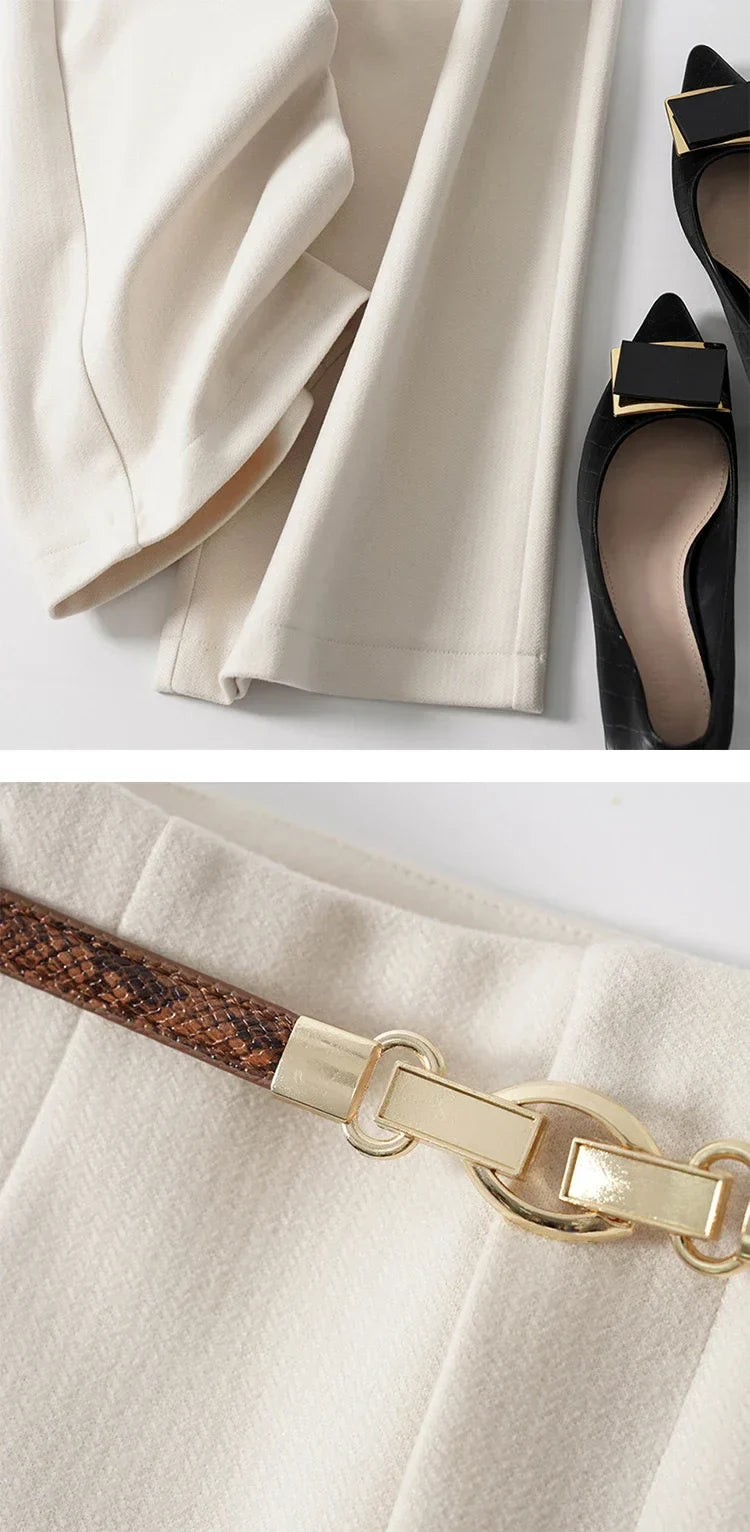 High-Waist Wide Leg Trousers for Women – Tailored Polyester Workwear with Belt