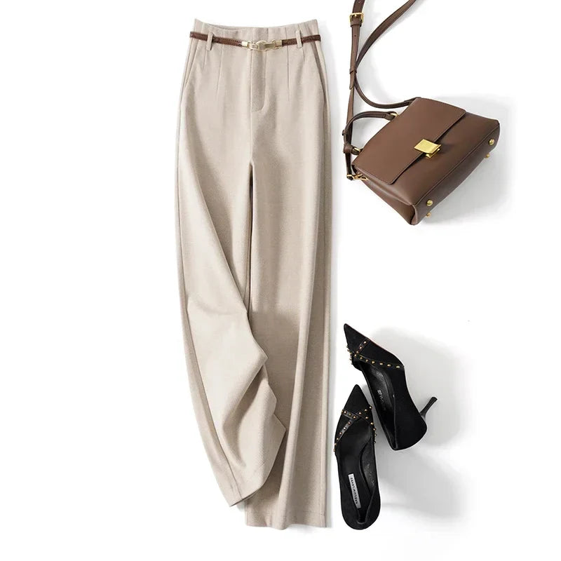 High-Waist Wide Leg Trousers for Women – Tailored Polyester Workwear with Belt